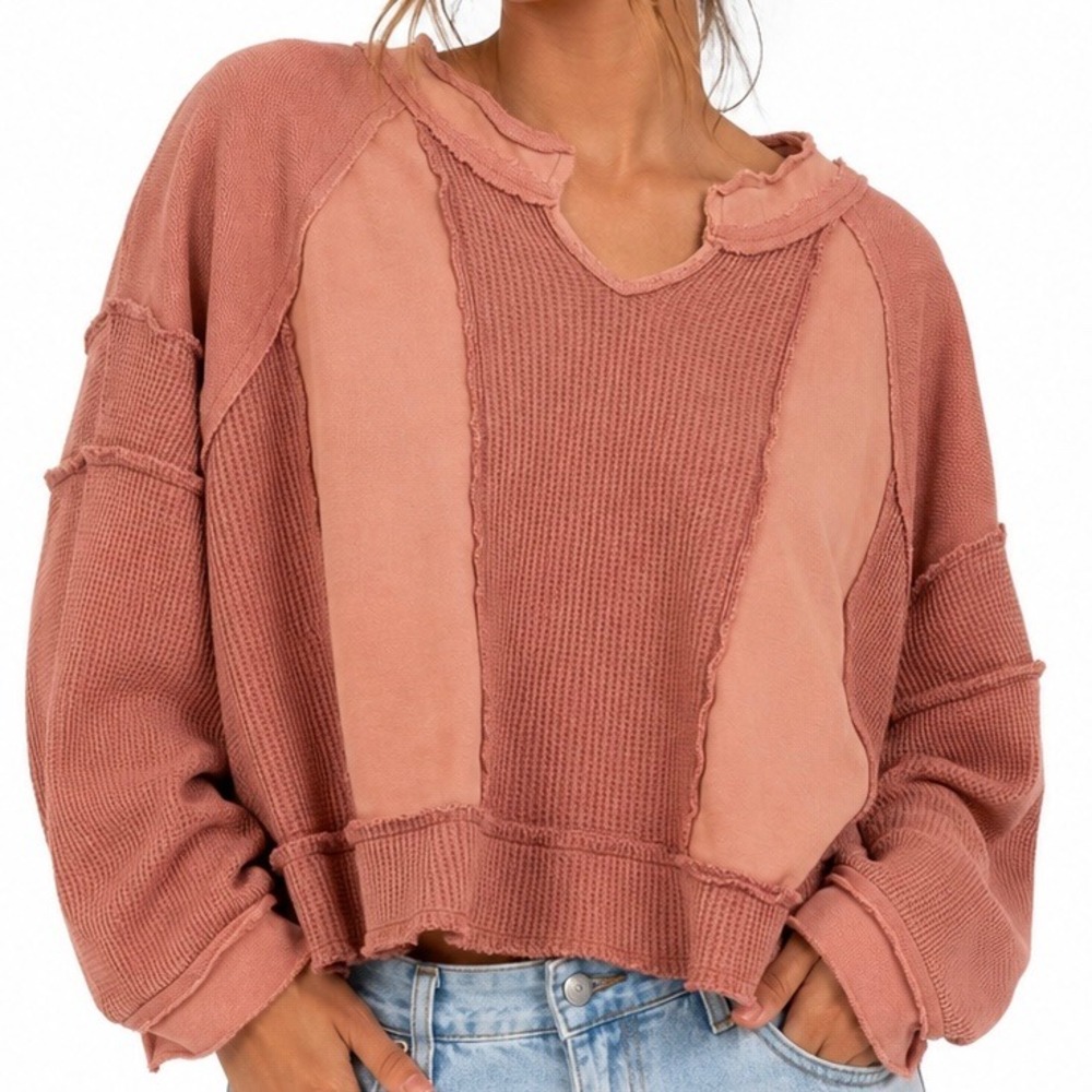 POL Womens Waffle Knit Thermal Top Dusty Rose Colorblock Raw Edge